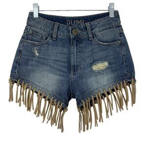 DL1961 Denim Fringe Distressed Shorts Sz 23 Concert Boho Festival Cowgirl Ranch